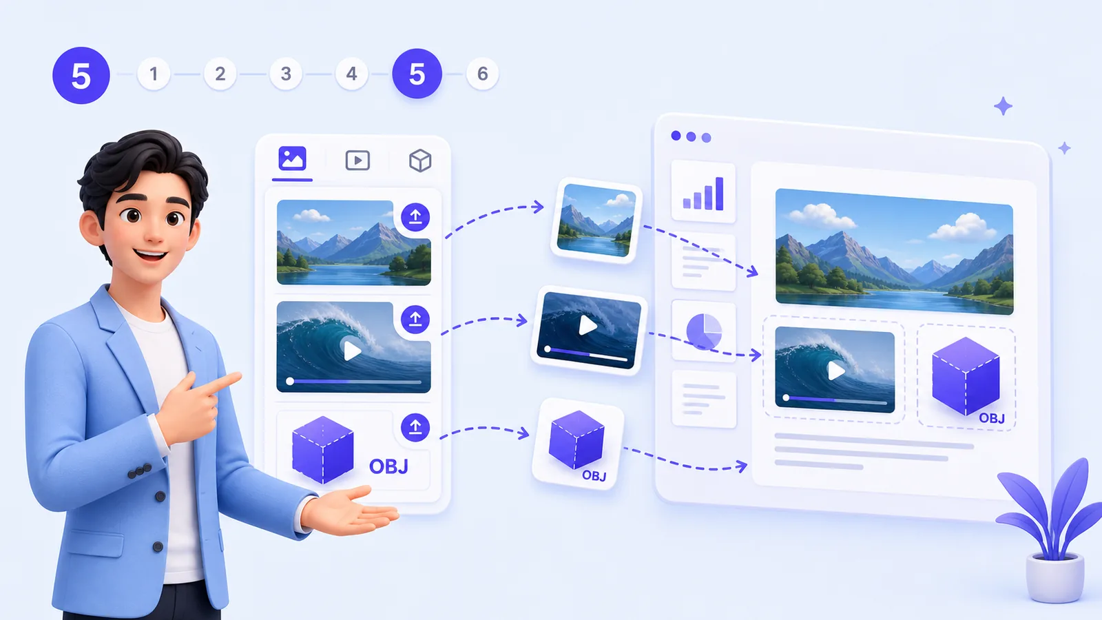 Add media assets including images, videos, and OBJ 3D models
