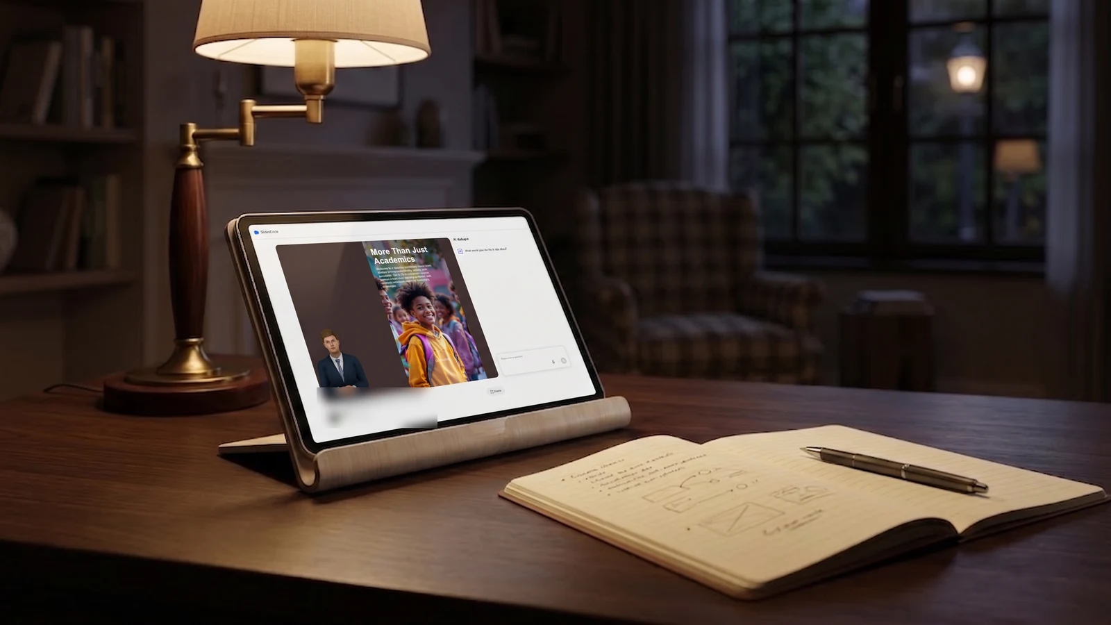 A tablet on a stand in a lamplit room in the evening, playing a narrated lesson page with a question box beside it