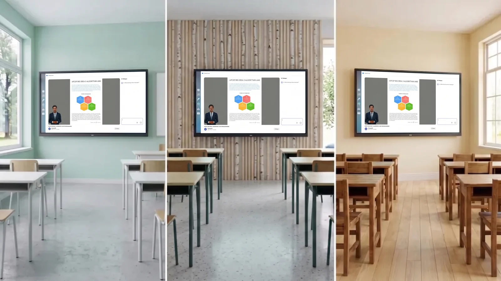 The same narrated lesson page open on the display in three different classrooms, each room furnished differently