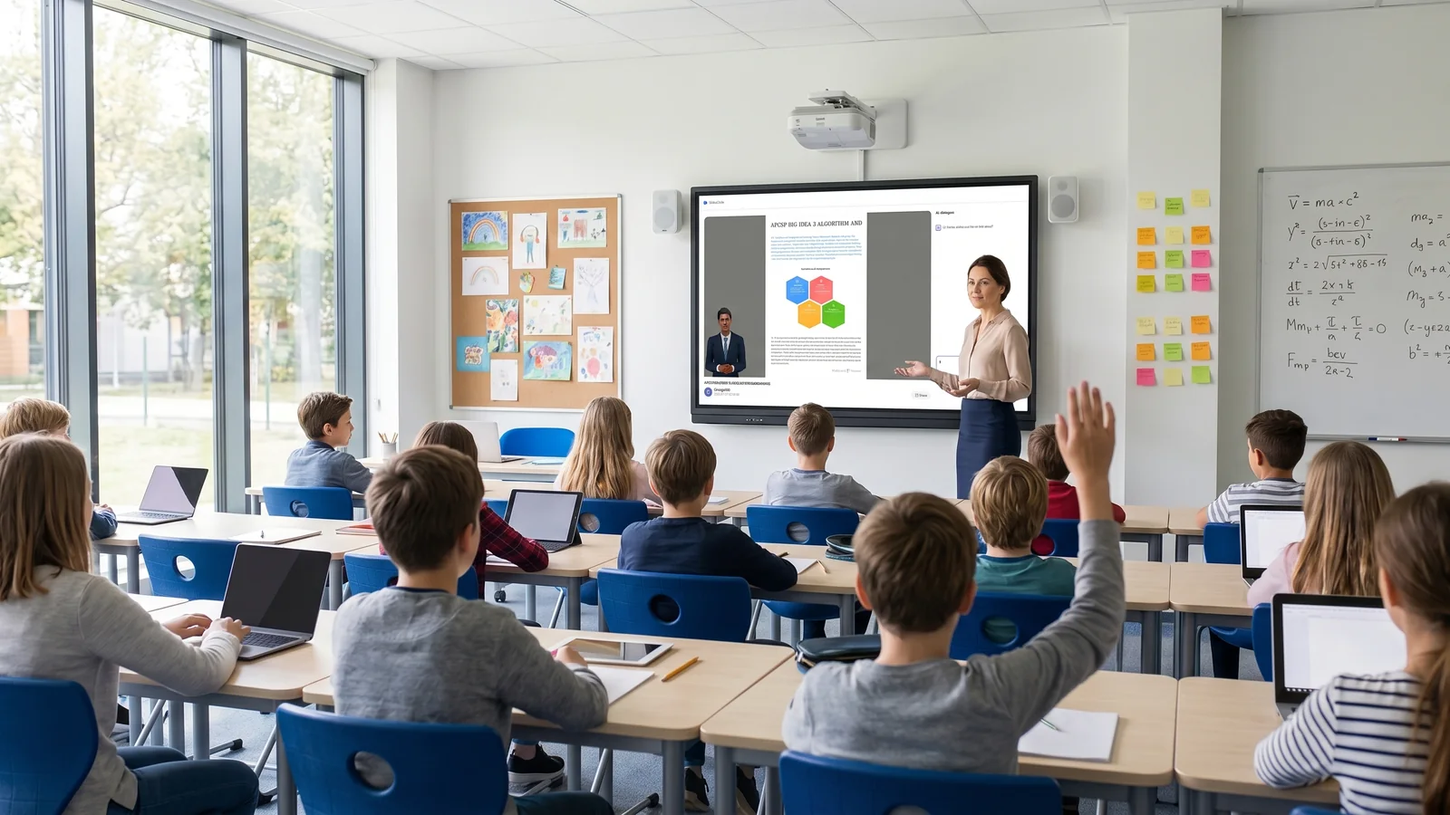 A lesson playing on the classroom display with a question panel beside it, while students follow the same page on their own laptops and tablets