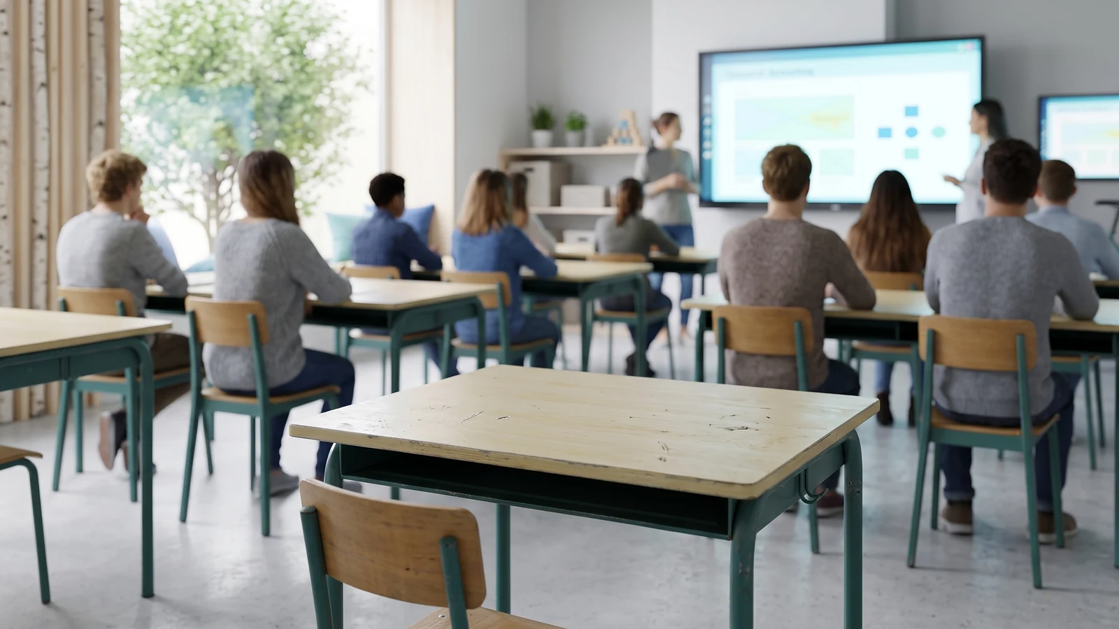 One empty desk in the foreground of a classroom while the lesson runs on the display behind it