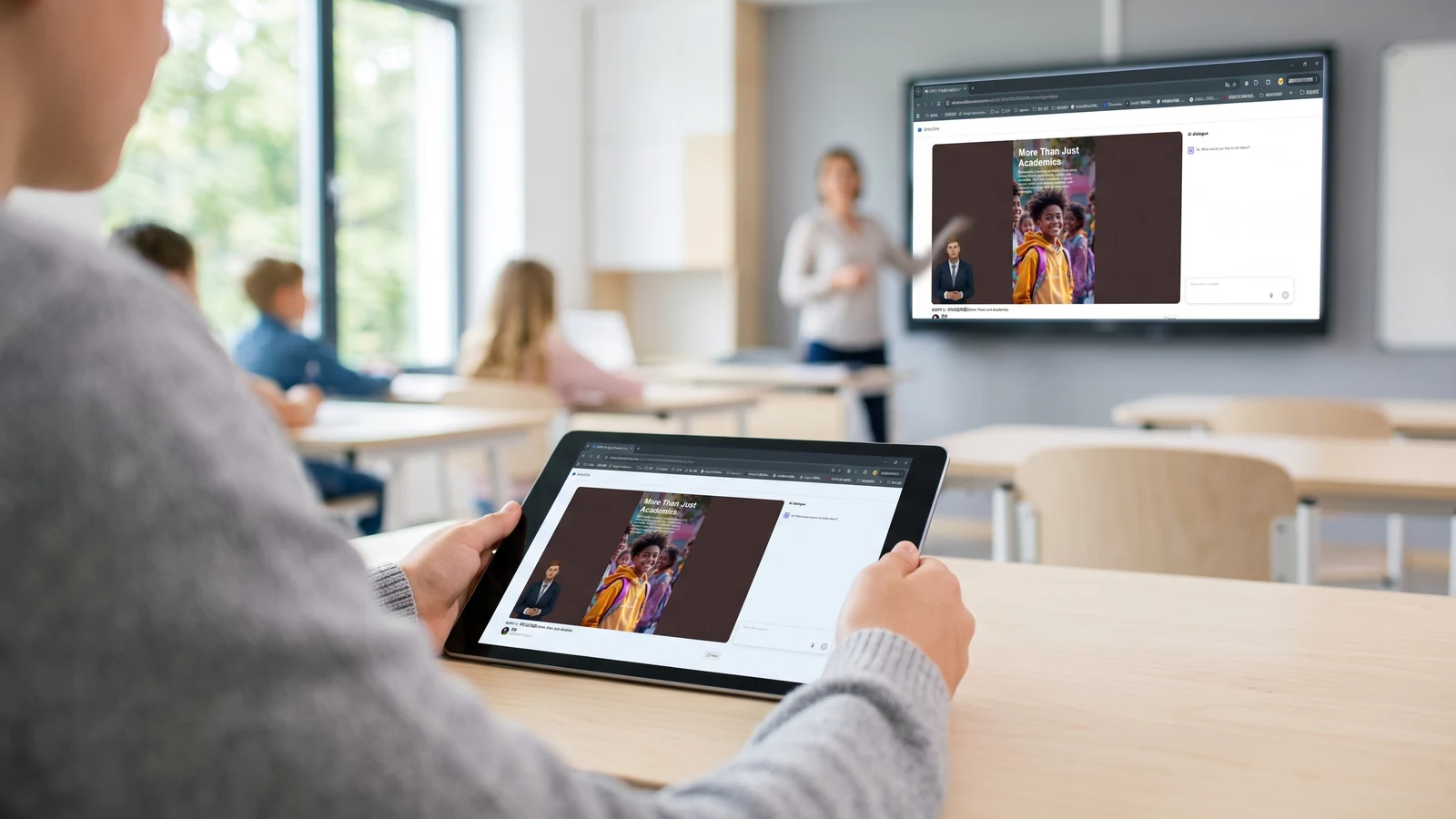 A student holds a tablet showing a lesson page with a question box beside it, while the same page plays on the classroom display at the front of the room